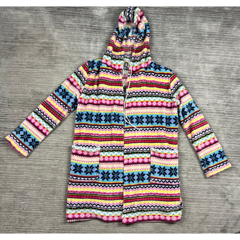 Sleep Chic Robe Womens Medium Multicolor Fair Isle Plush Fleece Hooded Belted